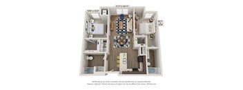 A 3D floor plan of a small apartment with a kitchen, living room, and two bedrooms.