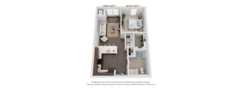 A 3D floor plan of a small apartment with a kitchen, living room, and two bedrooms.