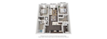 A 3D floor plan of a small apartment with a kitchen, living room, and two bedrooms.