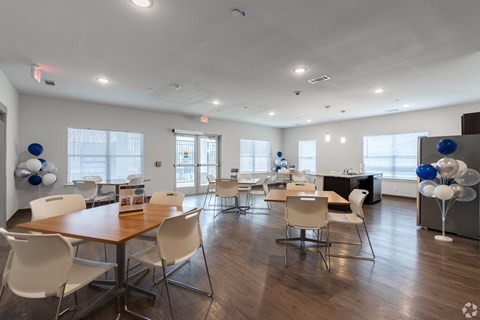 A room with a long table and chairs with balloons on the table.