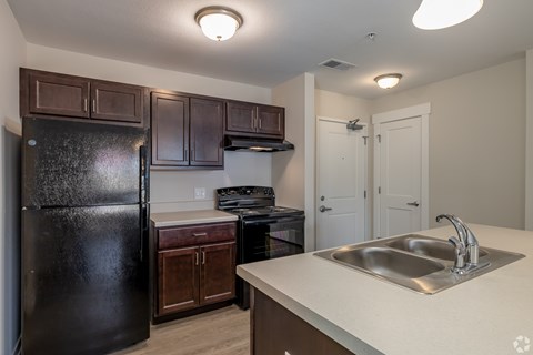 A kitchen with a black refrigerator and brown cabinets.