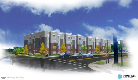 A digital rendering of a modern multi-story building with a parking lot in front.