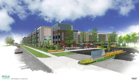 a rendering of a building with a street and cars