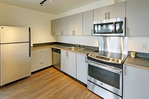 Updated L-shaped kitchen with fridge, dishwasher, sink, oven and microwave from left to right. All appliances are stainless steel and area has wood style flooring.at 19th & Mercer, Seattle, 98112
