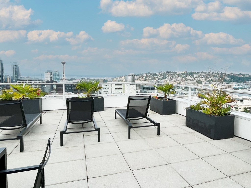 a roof top patio with chairs and potted plants overlooking the city  at Oslo, Seattle, 98102