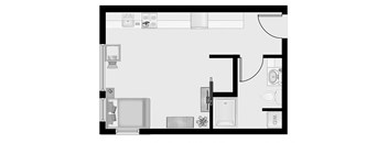 a floor plan of a small room with a bathroom and a couch  at Oslo, Seattle, 98102