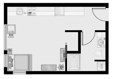 a floor plan of a small room with a bathroom and a couch  at Oslo, Seattle, 98102