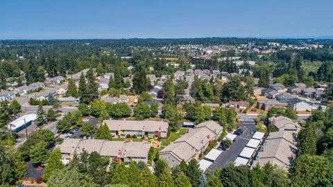 an aerial view of a neighborhood with houses and trees at Quartz Creek, Mountlake Terrace, WA, 98043