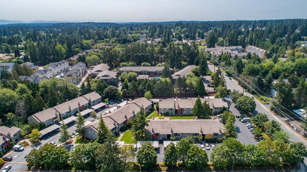 an aerial view of a neighborhood of houses and trees at Quartz Creek, Mountlake Terrace, Washington