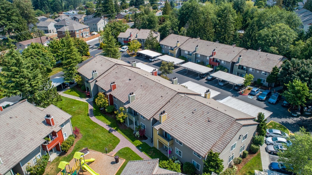 an aerial view of a neighborhood of houses with roofs at Quartz Creek, Washington