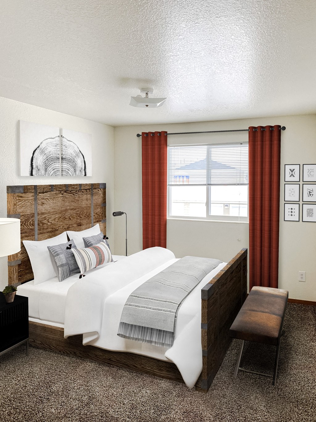 a bedroom with a bed and a window with red curtains at Shiloh Glen, Montana