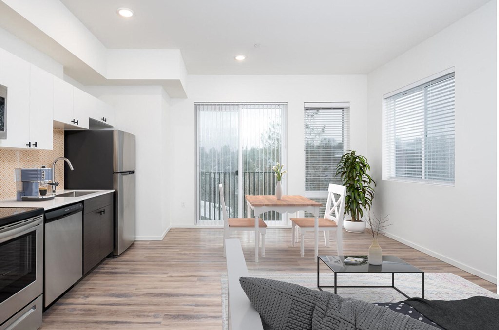 a living room with a couch and a table  at The Loop at Green Lake, Seattle