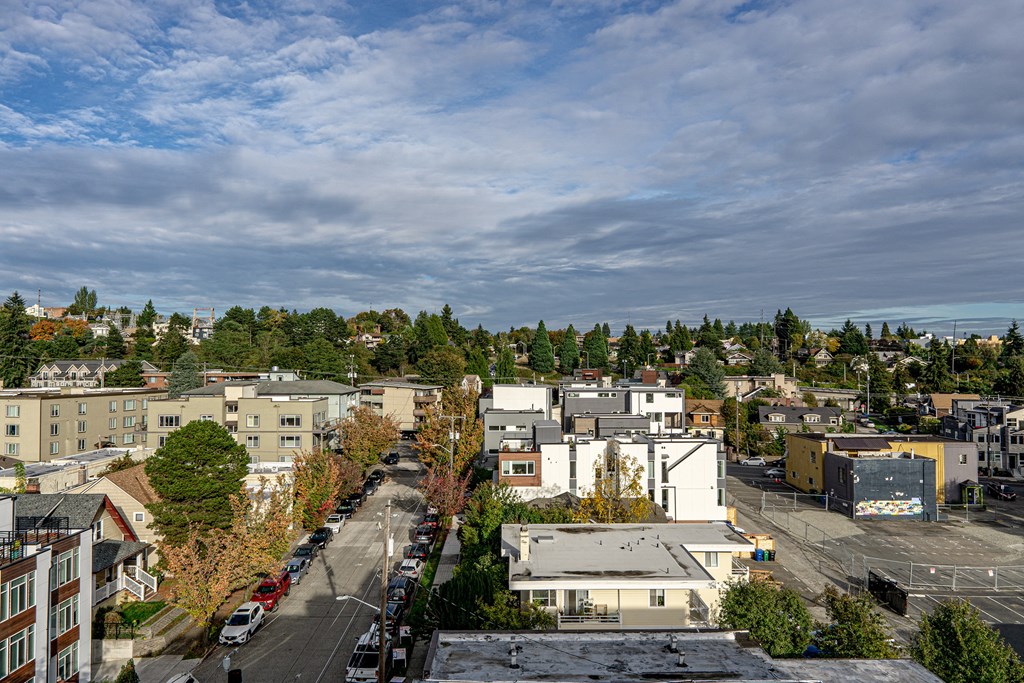 an aerial view of a city with buildings and trees at The Loop at Green Lake, Seattle, WA, 98115