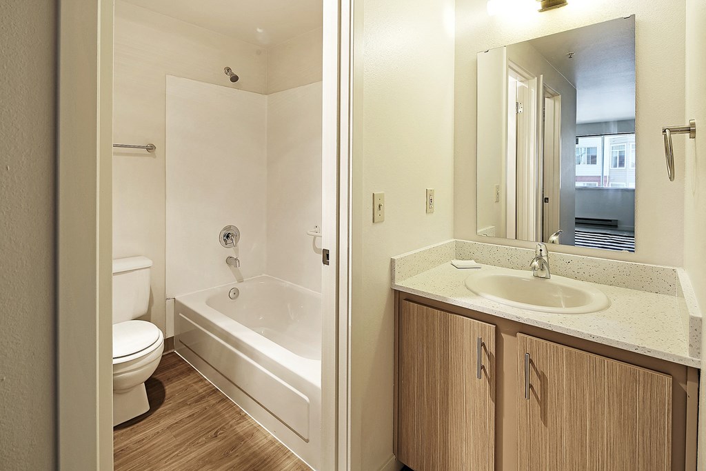 a bathroom with a toilet sink and tub and a mirror