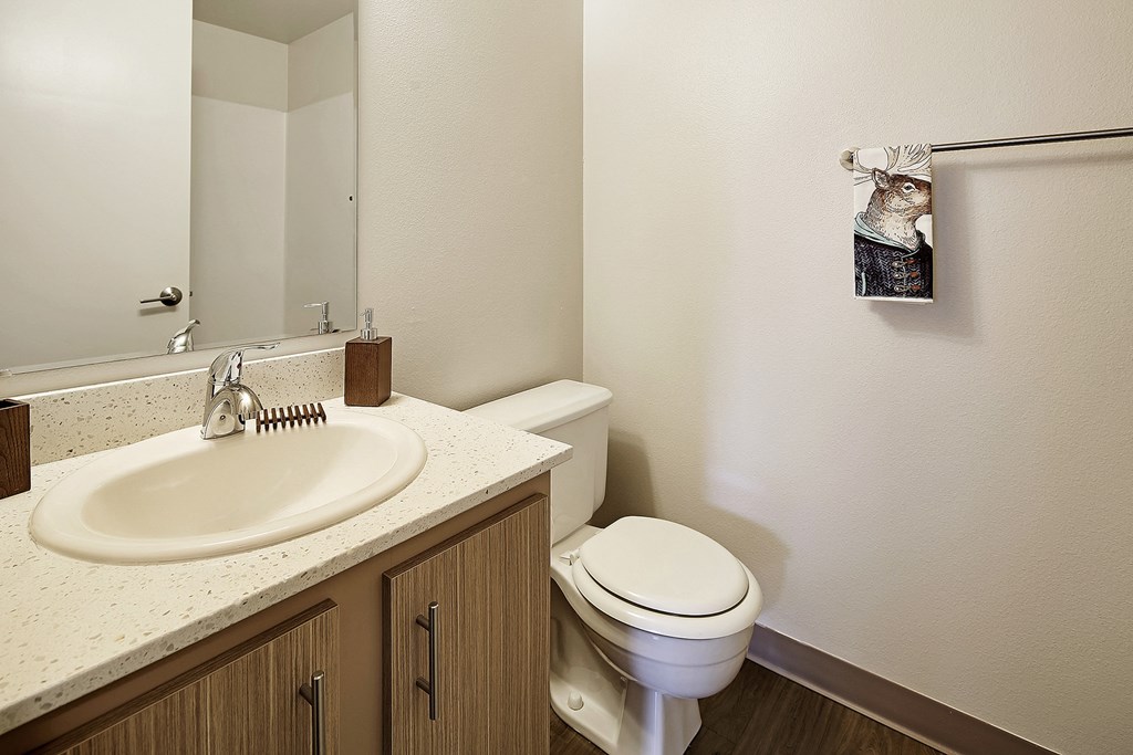 an empty bathroom with a toilet sink and mirror  at Townside Flats, Redmond, Washington