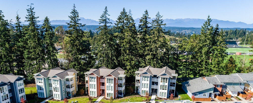 an aerial view of a row of houses with trees and mountains in the background at Woodcreek, Poulsbo, WA 98370