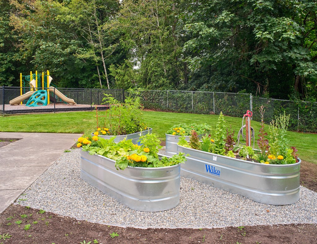 three stainless steel containers filled with flowers in front of a playground at Woodcreek, Washington
