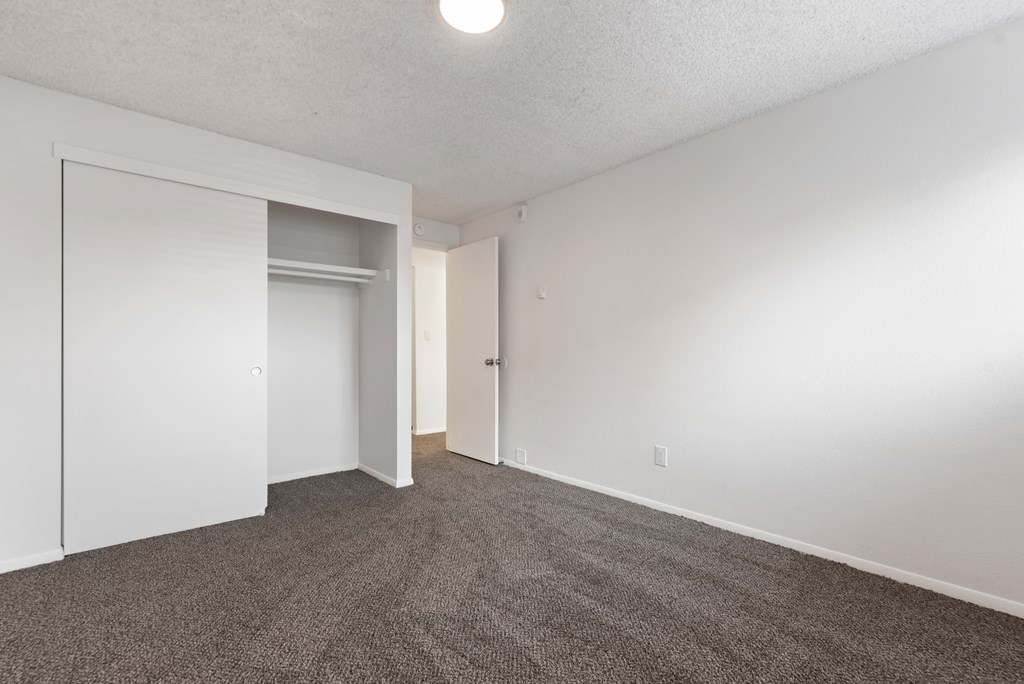 an empty living room with carpet and white walls