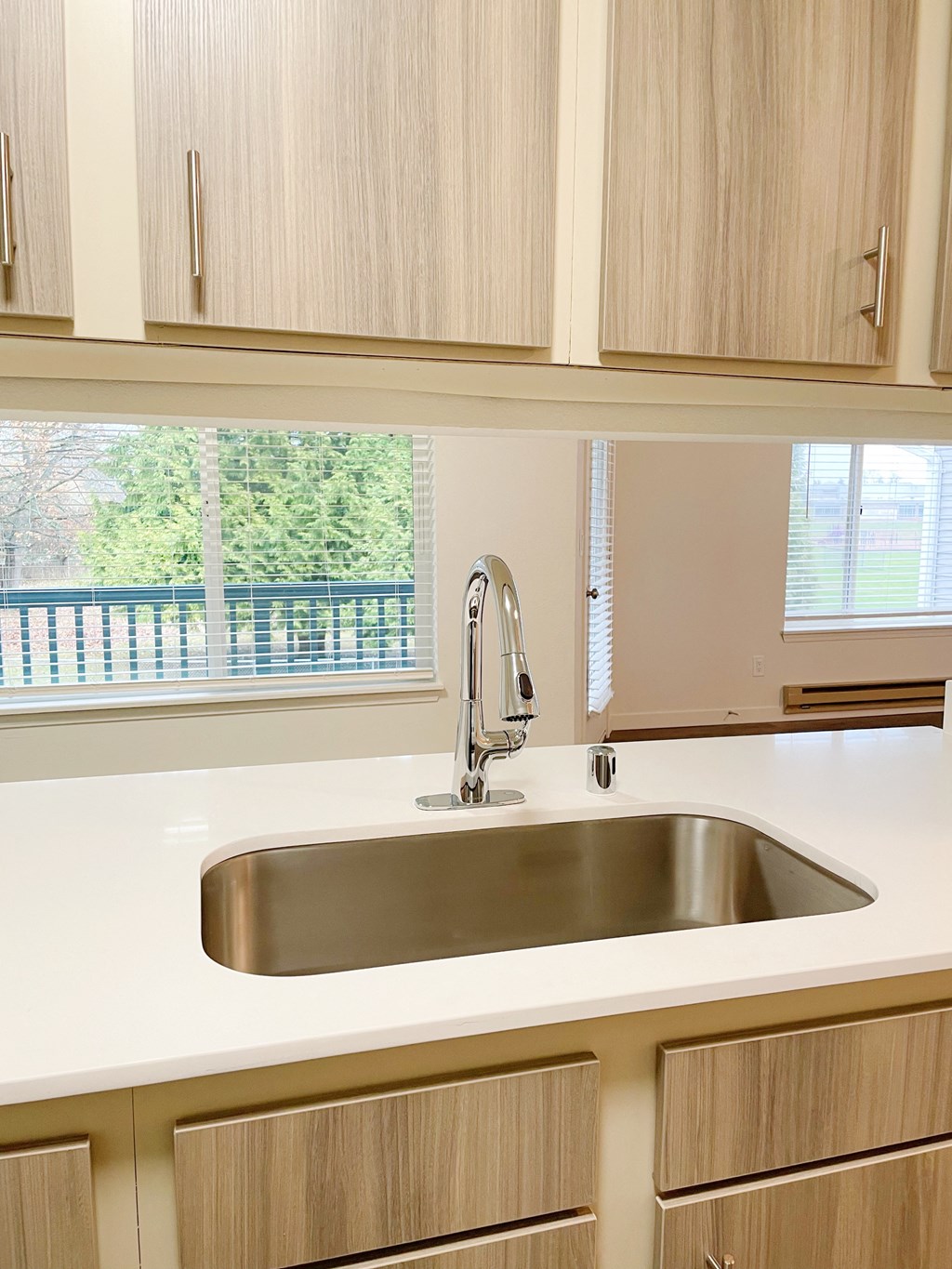 Stainless steel kitchen sink surrounded by white countertops in front of large windows looking at the balcony and nature.at The Trail, Snohomish, WA