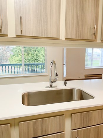 Kitchen Stainless steel kitchen sink surrounded by white countertops in front of large windows looking at the balcony and nature. - Photo Gallery 5