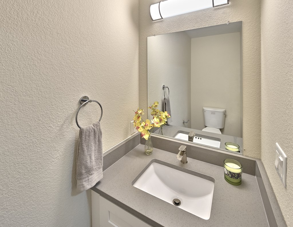Bathroom with vanity at Arterra Apartments, Kent, Washington