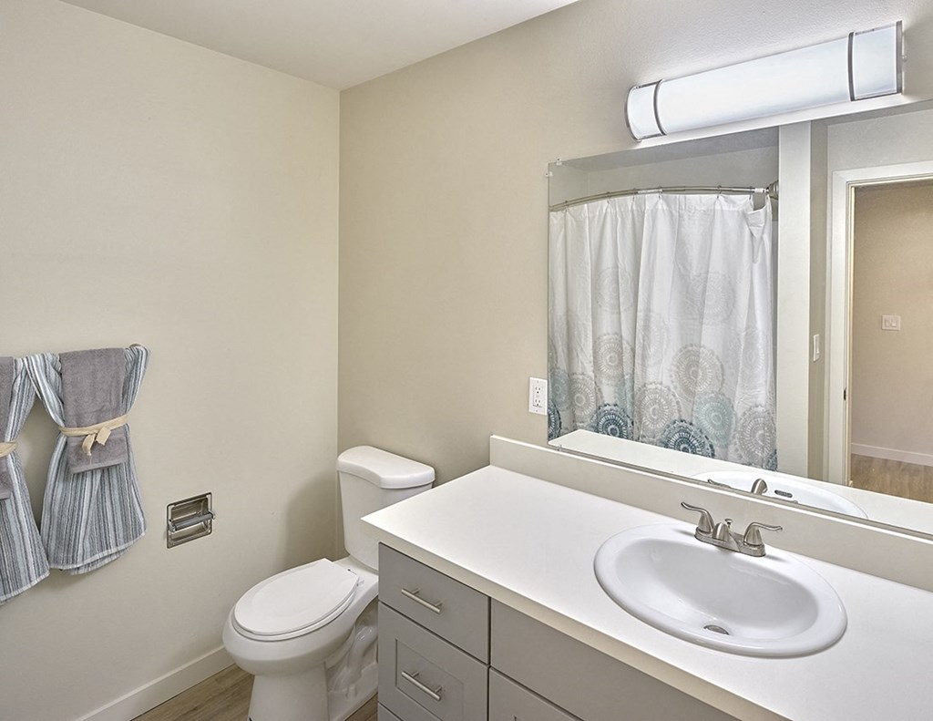 a bathroom with a toilet sink and mirror  at 3030 Lake City, Seattle, 98125