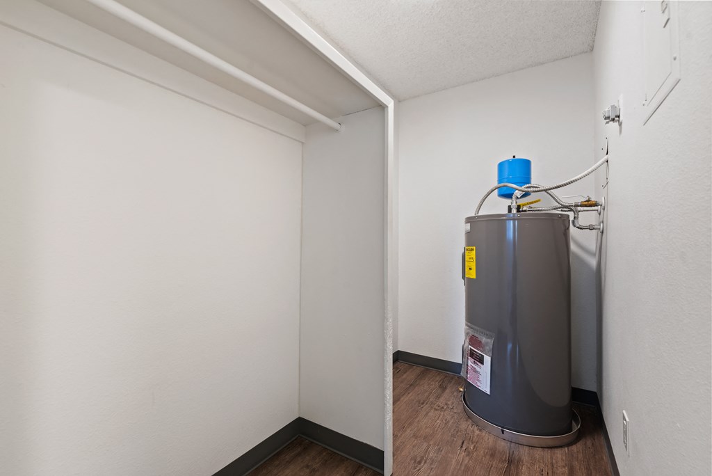 A view of a large closet and a water heater in the corner at Talavera in Boise, ID