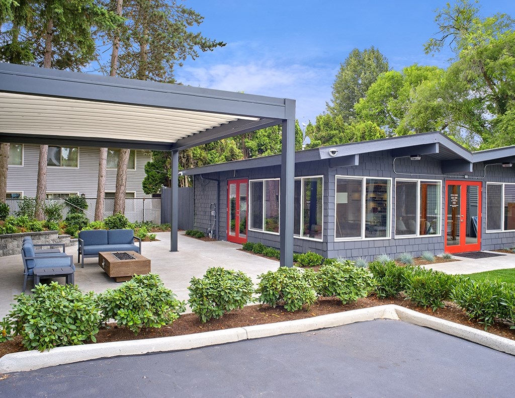 an outdoor seating area and resident lounge at 3030 Lake City  at 3030 Lake City, Seattle, WA