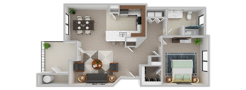 3D floor plan of a one-bedroom apartment at Sunrise Lane Apartments in Everett WA