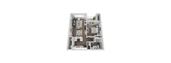 A 3D rendered image of a small apartment layout.