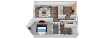 a stylized floor plan of a one bedroom apartment at 6 Wood Flats, Lacey