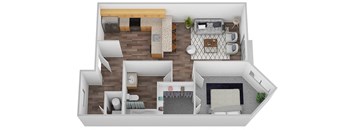 a floor plan of a one bedroom apartment at 6Wood Flats Apartments in Lacey, WA.at 6 Wood Flats, Washington