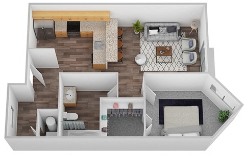a floor plan of a one bedroom apartment at 6Wood Flats Apartments in Lacey, WA.at 6 Wood Flats, Washington