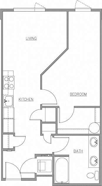 a floor plan of a studio apartment with a bedroom and a bathroom at The Duo, University Place, WA