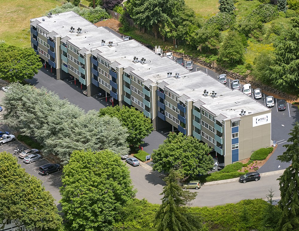 Birds-eye view of Peak 88, surrounded by grass fields and many trees.