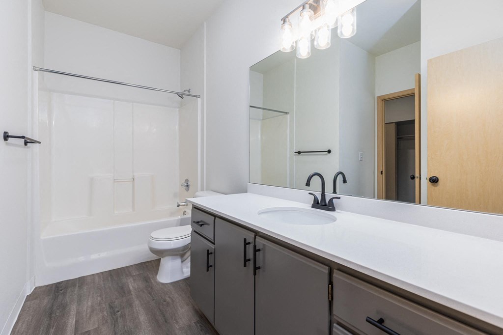 a bathroom with a sink and a toilet and a mirror  at Shoreline Village, Richland, WA, 99352