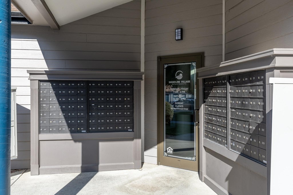 a door to a building with a display of wine glasses  at Shoreline Village, Richland, WA