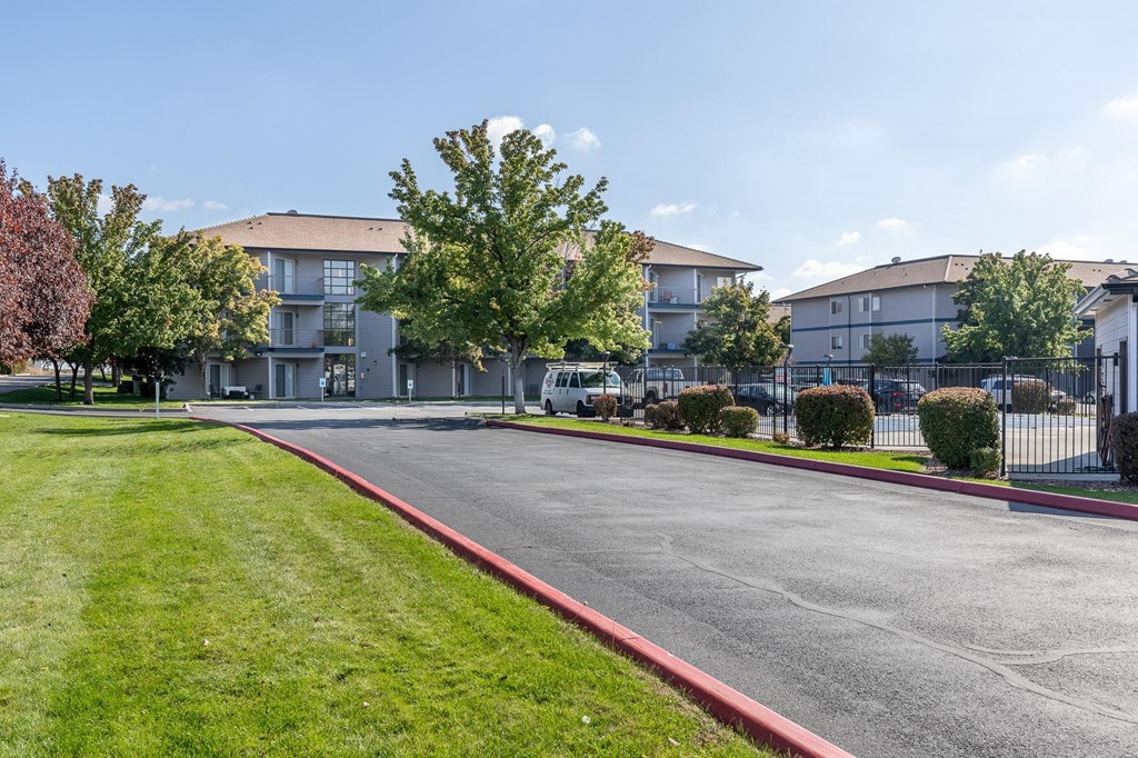 an empty street in front of an apartment building  at Shoreline Village, Richland, Washington