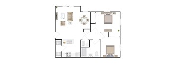 A floor plan of a house with a kitchen, living room, and bathrooms.