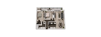 A top-down view of a house layout with a living room, kitchen, dining area, and two bedrooms.