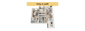 A 3D floor plan of a small apartment with the text "Only 1 Left!" at the top.