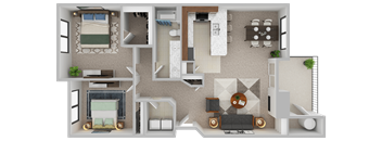 3D floor plan of a 2 bedroom, 1 bathroom apartment at Sunrise Lane Apartments in Everett WA