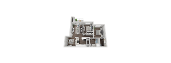 A 3D floor plan of a house with multiple rooms and furniture.