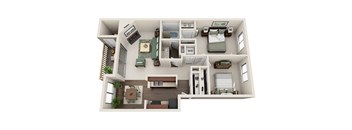 A two bedroom apartment floor plan at Pointe East Apartment Homes in Fife, WA.