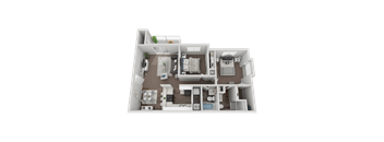 A detailed 3D floor plan of a house layout.