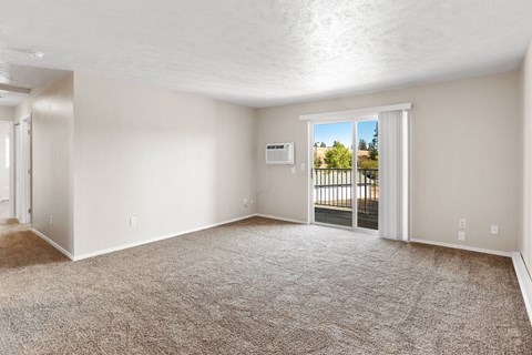 Spacious living room with sliding glass doors, tree-lined views, and plush carpeting at The Overlook at Falls Park Apartments.