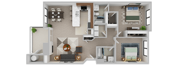 3D floor plan of a 2 bedroom, 2 bathroom apartment at Sunrise Lane Apartments in Everett WA