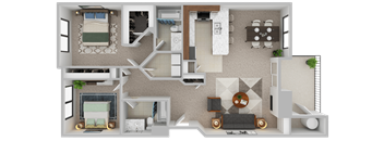 3D layout of a large 2 bedroom, 2 bathroom unit at Sunrise Lane Apartments in Everett WA