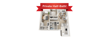 A 3D floor plan of a private half-bath.