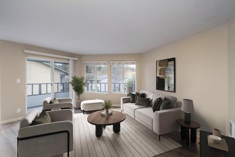 Open living room with modern finishes at 3030 Lake City Apartments in Seattle, WA